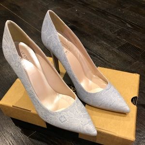Sky Blue Lace Embossed Pointy-toe Pump - heels